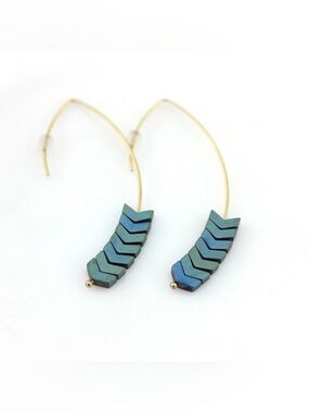 Gold Wire Earrings with Blue-Green Chevron Beads
